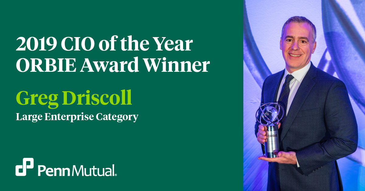 Penn Mutual CIO Greg Driscoll presented with a 2019 Philadelphia CIO of the Year ORBIE Award