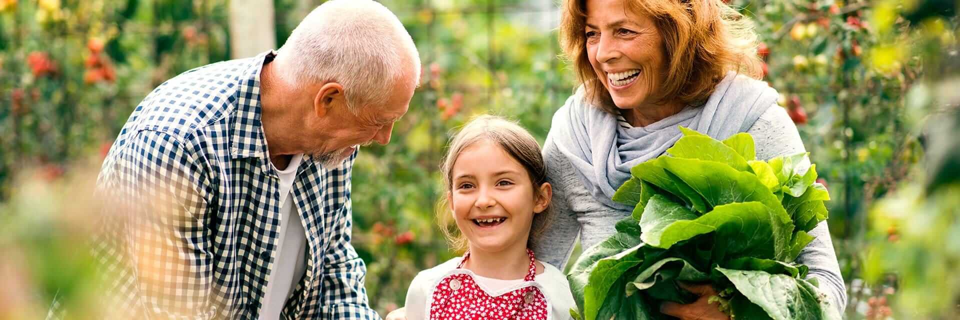 Retired couple walking through their garden with their granddaughter.